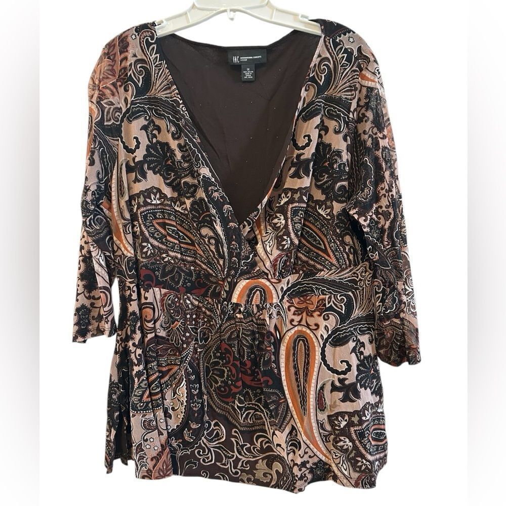 INC International Concepts Women Sequin Pasley Top Brown, Black & Tan